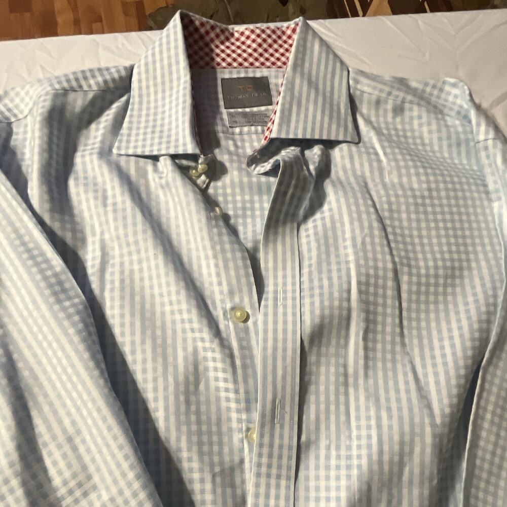 Thomas Dean XL TG Blue White Check Cotton Dress Shirt Spread Collar Red Cuffs